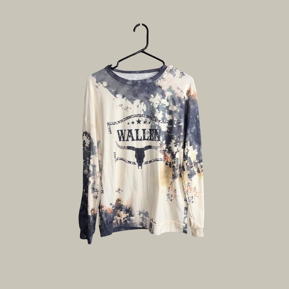 Morgan Wallen Bleach Wash Graphic Sweatshirt Cream Charcoal Large Western